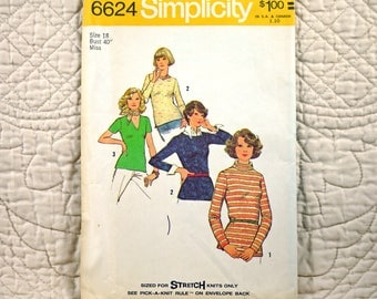 Tops, L, Simplicity 6624 Pattern, Stretch Knit, Back Zipper, Short or Long Sleeves, Roll Collar or Round or V Neckline, 1974 Uncut, Size 18