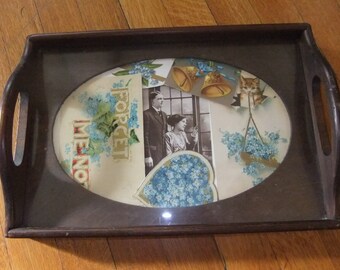 Three Mountaineers Display Tray for Needlework or Photographs, Dark Pine, with Oval Opening