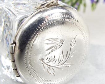 Vintage 1950's Sterling Silver Circular Engraved Flying Bird Locket Necklace