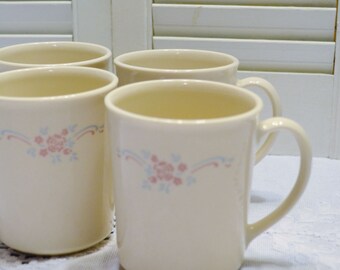 Vintage Corning Ware English Breakfast Mug Set of 4 Cream Pink Blue Floral Design Coffee Tea Made in USA PanchosPorch