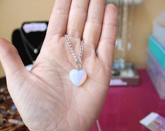 Moonstone Heart Necklace, Opal Necklace, Moonstone Necklace, Opalite Heart Necklace, Dainty Heart Silver Necklace, Healing Crystals