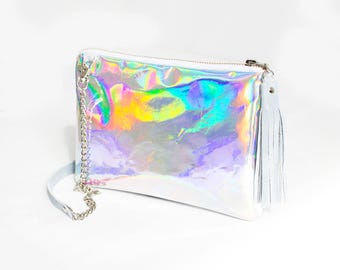 Holographic leather bag, Iridescent Crossbody bag, Small Hologram clutch, Mermaid Glitter purse, Shiny Opal Clutch, Rainbow Leather Purse
