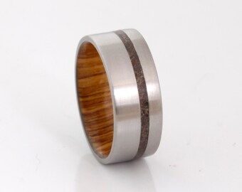 Titanium wedding band wood ring dinosaur bone ring man jewelry woman ring flat band