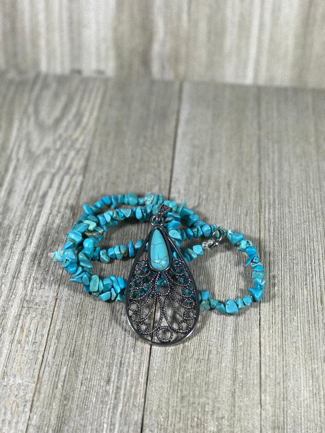 Turquoise Chip Necklace with Large Teardrop Pendant Blue