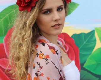 Red Rose Flower Crown Headband (Headpiece Bridal Flower Crown Bride Bridesmaids Bachelorette Party Boho Wedding Music Festival Mexican Adult