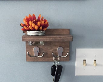 Key Holder, apartment decor, small key hook, wall decor, planter, succulent, coat rack, mason jar, shelf, for her, for him, wood key hook