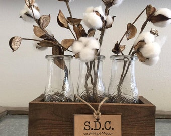 Rustic Cotton Arrangement|Handmade Wood Milk Bottle Crate with Cotton Stems | Farmhouse | Fixer Upper Style