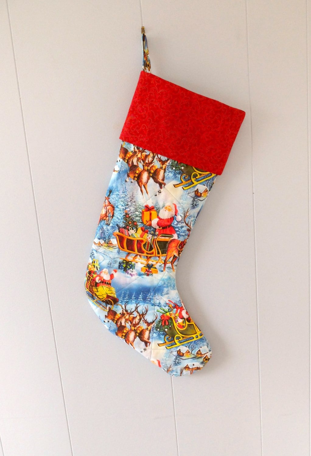 Christmas quilted stocking handmade lined Santa's Sleigh