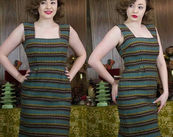 50s Novelty Dress | 50s Dress | 50s Wiggle Dress | 50s Wool Dress | Bounties | Novelty Print | 1950s Dress | Wool Wiggle Dress | 25" - 26"