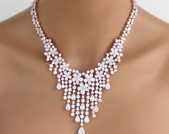 Crystal Bridal necklace, Statement necklace, Bridal jewelry, Rose gold necklace, Swarovski necklace, Wedding necklace, Crystal CZ necklace