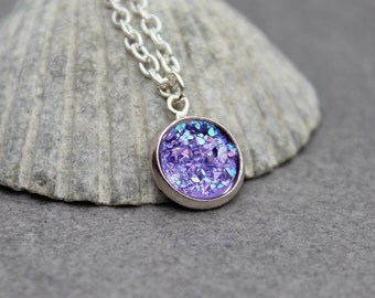 Purple Druzy Necklace, Purple Necklace, Purple Pendant Necklace, Purple Bridesmaid Necklace, Faux Druzy Necklace, Dainty Necklace