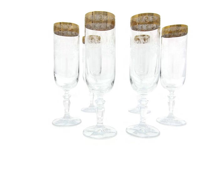Vintage Gold Banded Etched Champagne Flutes, Set of 2 Etched Champagne Glasses, Gold Trim Champagne Flutes, Wedding Glasses, Toasting Flutes