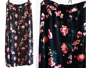 Vintage 90's Black with Floral Print Button Up Maxi Skirt | Bohemian Maxi Skirt | Floral Midi Skirt