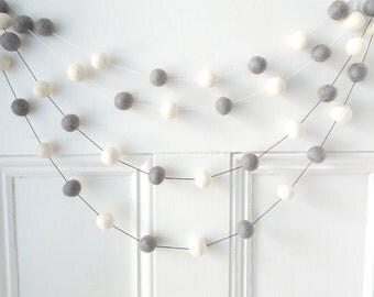 Felt Ball Garland, nursery garland, gender neutral, baby shower gift, monochrome decor, grey, white, pom pom garland, Scandinavian decor