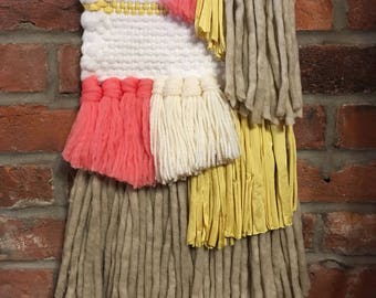 Woven wall hanging weaving | coral + yellow | Wood dowel | Tissage