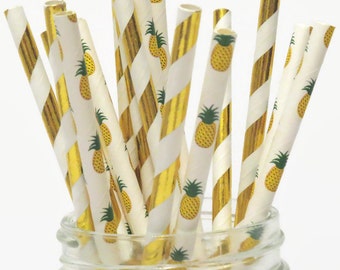 Gold Pineapple Straws Mix, Pineapples Party Decorations, Luau, Tropical Wedding, Bridal Shower, Gold Foil, Metallic, 10CT, summer fruit