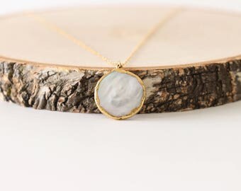 Pearl pendant necklace, large pearl necklace, gold layered necklace, flat pearl necklace, pearl coin necklace, layering jewelry, everyday