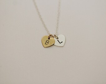Two Initials Necklace / Set of One or Two Necklaces / Best Friend Necklace Set / Hand Stamped Hearts / Gold & Silver / Custom Personalized