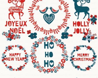 Scandinavian Christmas Doodles Clipart. Vector Christmas, Wreaths, Flowers, Lettering. 20 images 300 dpi. Eps, Png files. Instant Download.