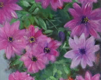 Original small oil painting of pink|/purple flowers