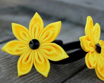 2 hair flowers Kanzashi ponytail holder Black yellow flower hair accessory flower girl gift ideas Flower accessories Hair bows for girl gift
