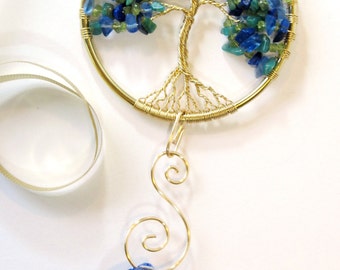 Tree of Life Sun Catcher; Peridot, Amazonite and Lapis Lazuli Suncatcher; Crystal Prism Rainbow Maker; Feng Shui; Blue & Green Wire Tree