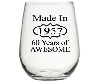 60th Birthday Gift for Women, 60th Birthday Gift for Men, 60th Birthday Gift for Mom, Made in 1957, 60th Party Favors, Birthday Wine Glasses