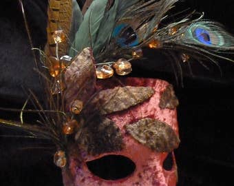 Forest Spirit Mask, Handmade feathered half mask, dark antique rose velvet and olive green, FREE SHIPPING, vintage style masquerade