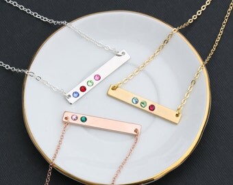 SALE • Birthstone Necklace Gold Bar Birthstone • Swarovski Crystal Necklace Rose Gold Bar • Tiny Crystals Small Birthstones Horizontal BB_17