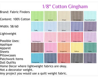 1/8" Gingham Fabric Fabric Finders 100% Cotton 60" WIDE Black, Sprout Royal Blue Red Brown Pink Green Lime Yellow FQ Half Yard Quarter Yard
