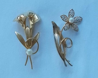 445. Two Gold Filled Floral Brooches each with a single cultured pearl