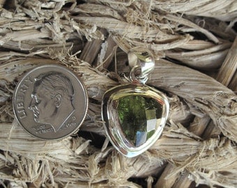 Small Faceted Top, Raw Back Moldavite Pendant Set in Sterling Silver, Rare Green Meteorite Tektite , Czech Republic MOL18