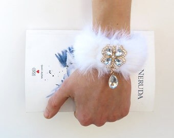Diamond cuff bracelet, rhinestone cuff, fur cuff, scream queens kkt chanel6 inspired jewelry, clover dangle, bridesmaid cuff, clover charm