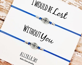Set of Two Compass Friendship Bracelets with "I Would Be Lost Without You" Card | BFF, Best Friend Gift Jewelry | Matching Friend Bracelets