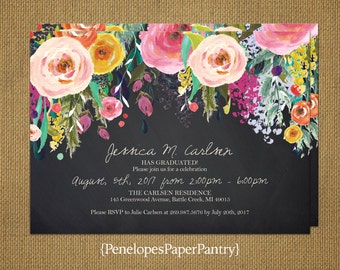 Graduation Invitation and Graduation Announcement, Chalkboard, Rustic, Wildflowers, High School or College, Opt Back Print, Customizable,