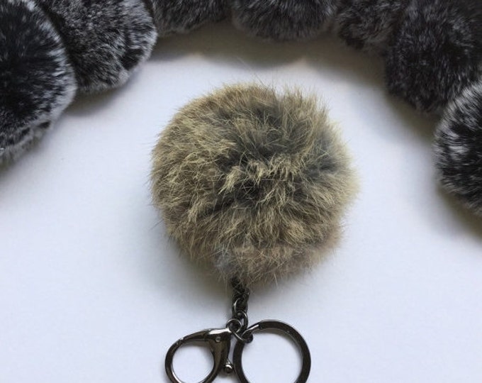Gun Metal series Rabbit fur pom pom ball with elongated gunmetal keychain in no dye rabbit
