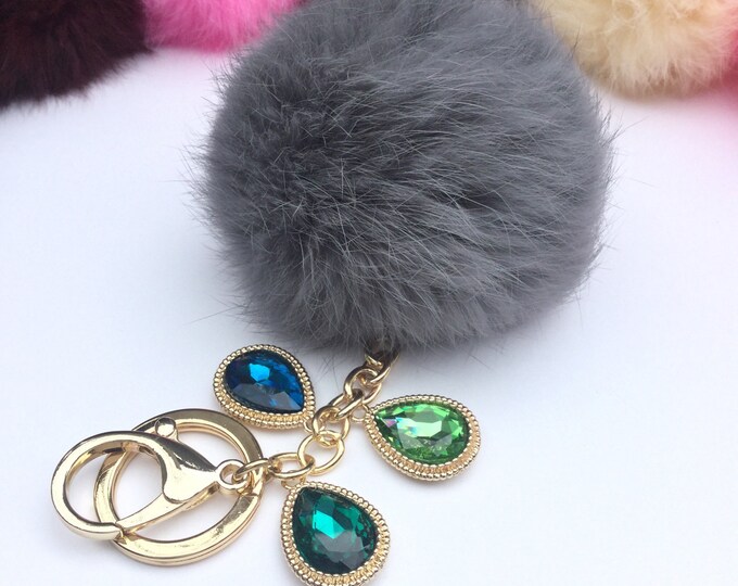 DIY wholsale Grey Real Genuine Rabbit fur pom pom keychain puff ball charm keyring
