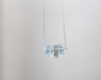 Raw Aquamarine Crystal Necklace on Sterling Silver or Rose Gold Filled Chain, Organic Rustic Rough Aquamarine Jewelry, Oxidized Silver