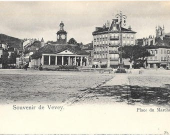 Souvenir de Vevey, Place du Marche, Switzerland - Circa 1900 Unused Antique Black and White Postcard