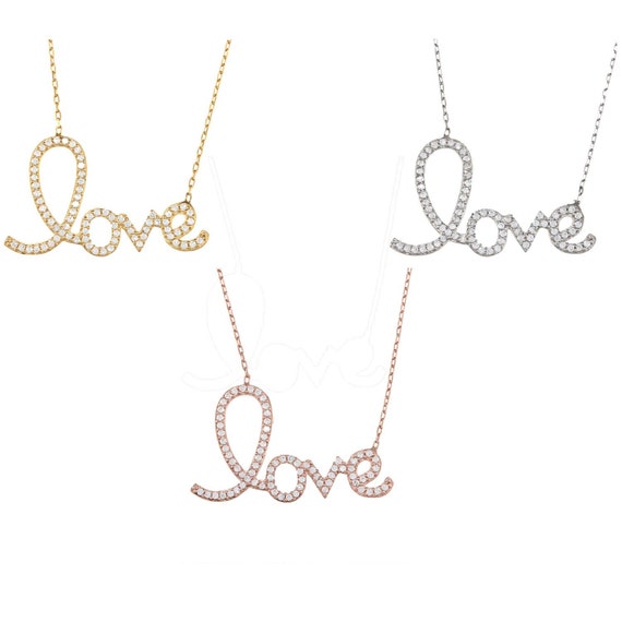 Love Script Necklace with CZ Pave Sterling Silver 925