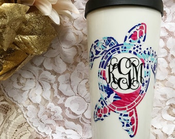 Lily Pulitzer Monogram Turtle Mug • Lily Print Monogram • Turtle Monogram • Lily Pulitzer Inspired Monogram Decal • Summer Turtle Coffee Mug