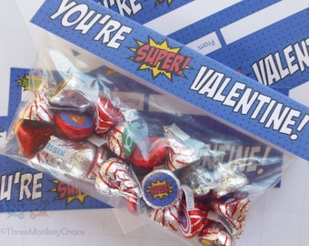 Printable Valentines | Super Hero Valentines | Kids Valentines | Kisses Stickers | Treat Bag Toppers | Classroom Valentines Cards