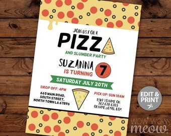PIZZA Party Invitation Birthday Party Slumber Sleep Over Invite INSTANT DOWNLOAD Digital Disco Movie Film Personalize Editable Printable