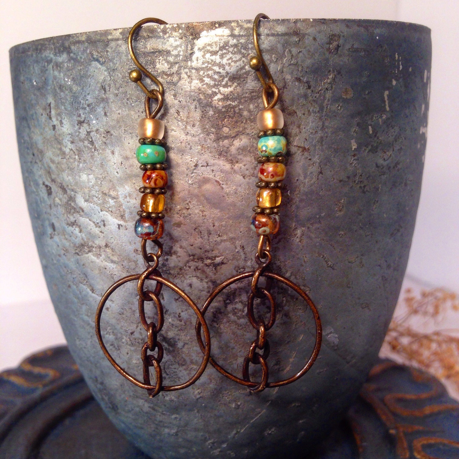 Industrial hoop with chain earrings picasso beaded earrings