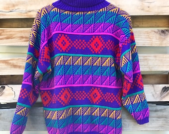 Vintage 90s Funky Rainbow Geometric Pattern Turtle Neck Sweater Size Large