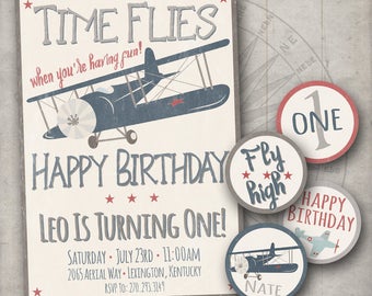 Vintage Airplanes Birthday Party Invitation - Cupcake Toppers - Rustic - Antique Airplanes - Little Boys First Birthday - Blue Plane