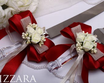 wedding cake knife set Red set Wedding Royal Red Decor Wedding server and knife set Wedding cake set Wedding Cake flowers Royal Wedding set