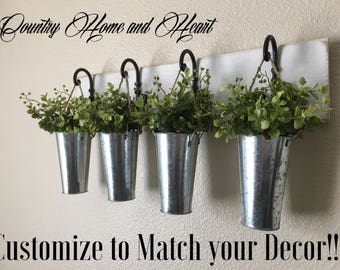 Hanging Planters, Hanging Buckets with Greenery, Curled Hook Planter With Galvanized Vases and Greenery, Boxwood, Farmhouse Hanging Planter