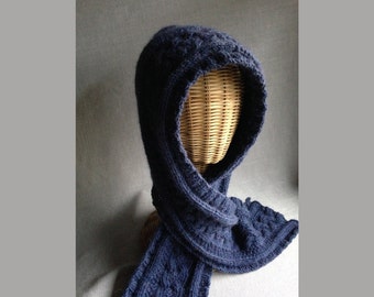 Alpaca Hooded Scarf - Hand-knit - with Celtic Cables - Denim Blue