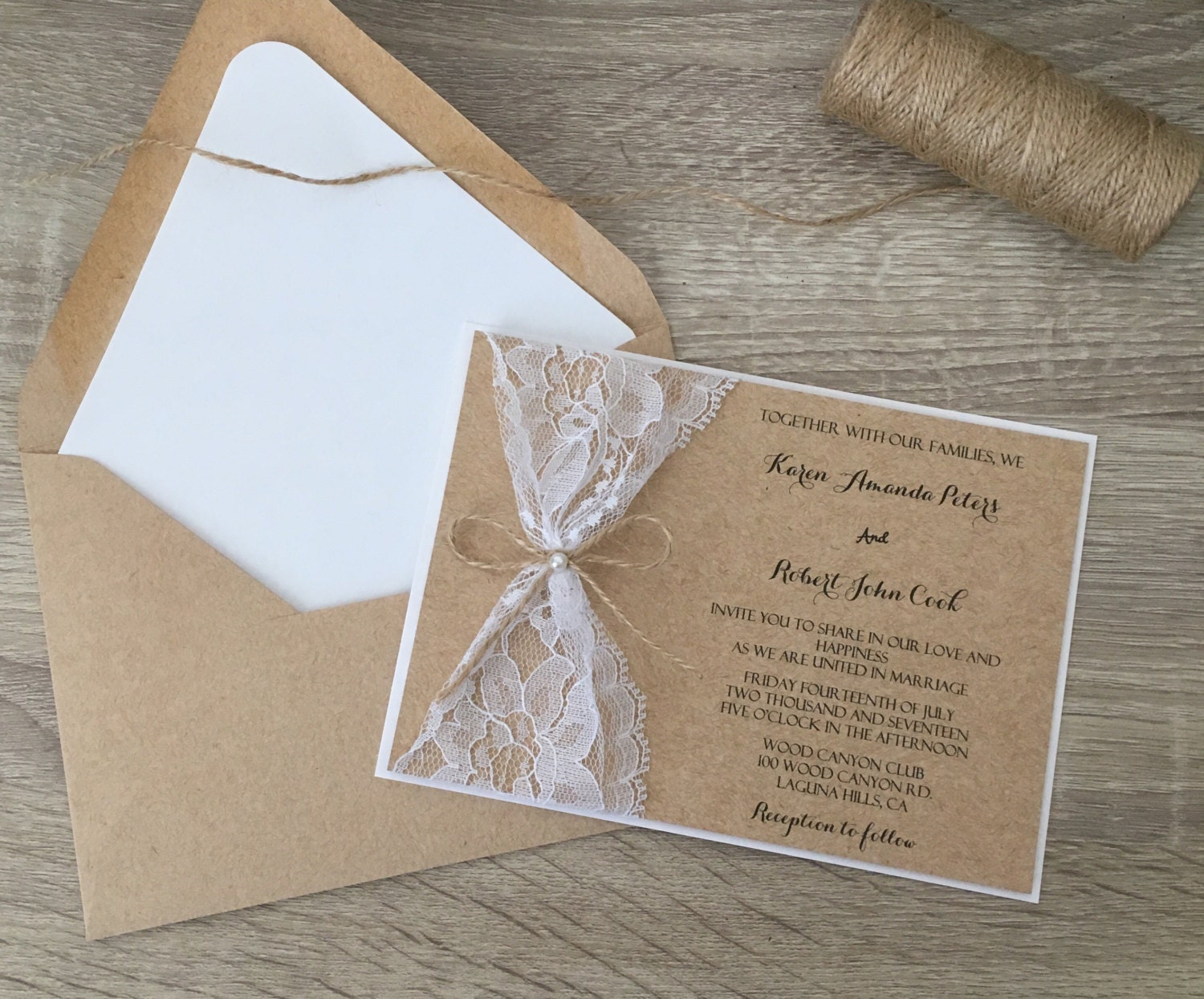 Rustic wedding invitation lace wedding invitation twine